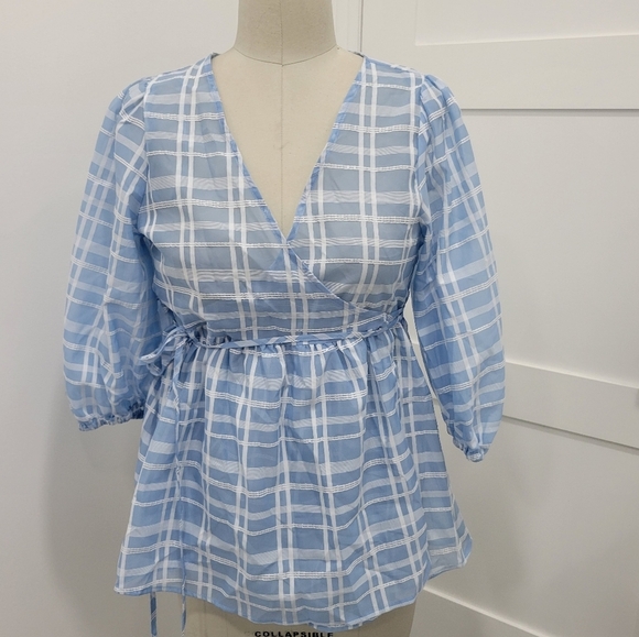 Future Collective Women's Gingham Check 3/4 Sleeve V-Neck Wrap Top Size XS - Picture 2 of 12
